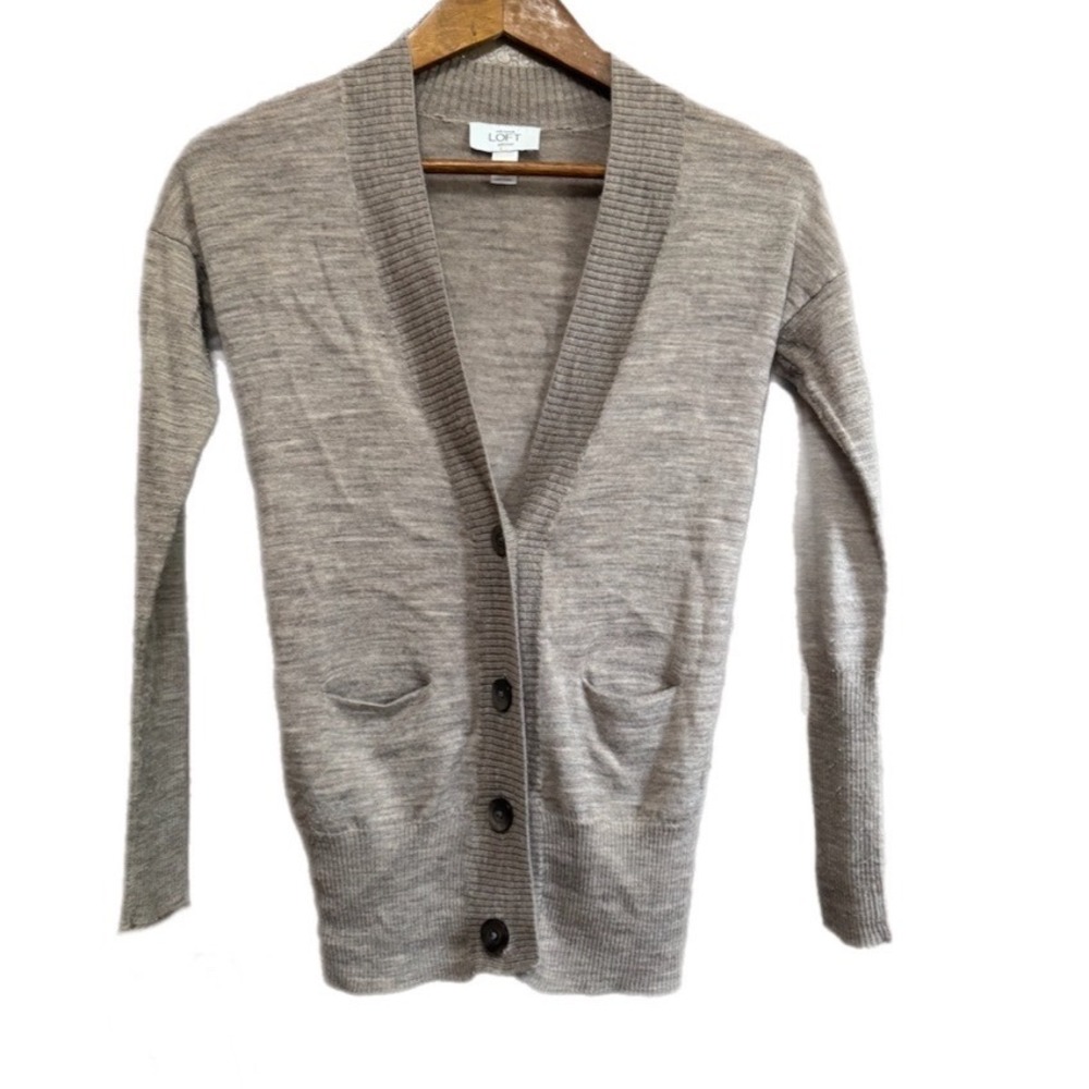 LOFT Cardigan Sweater Womens XSP Beige Excellent Wool Blend V-Neck Ribbed Petite